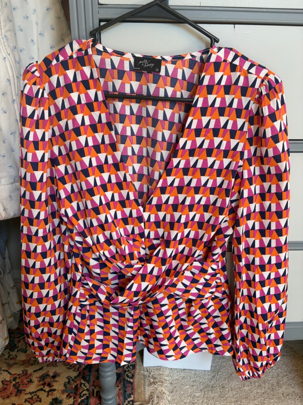 Geometric Wrap Blouse in Pink, Orange & Purple by Milk & Honey